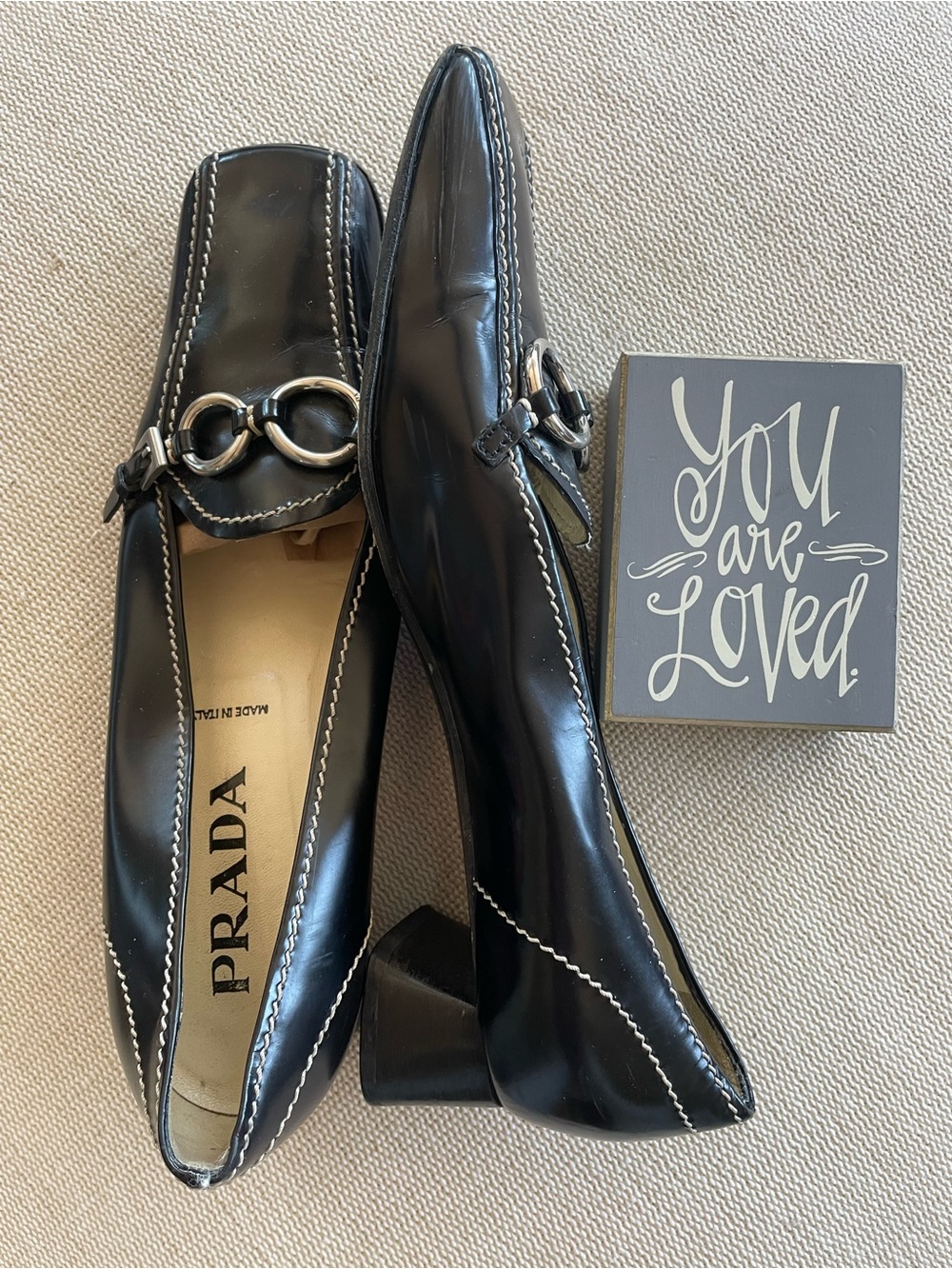 1990s Prada Block Heel Square Toe Shoes Black Loafers With Silver Buckles